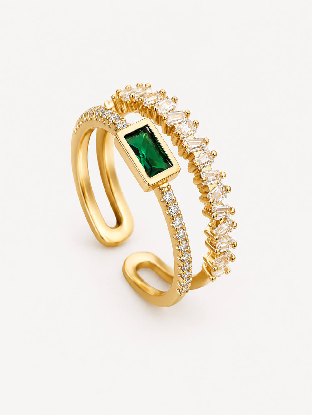 Adjustable Crystal Ring Baguette And Pave Crystals Double-layer
