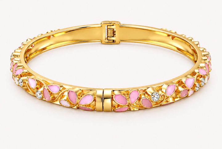 enamel floral bracelet, Anti Tarnish Gold Plated Pink Enamel Bangle for Women, bracelet, bracelets, bracelet for women, bracelet for girls