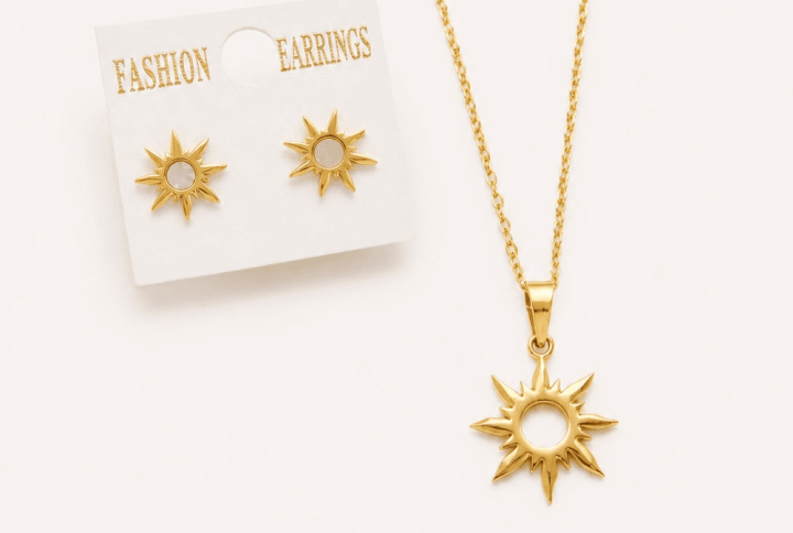 radiant sun necklace with earrings, necklace with matching earrings, necklace and earrings set, jewelry set for women, matching jewelry set, pendant necklace and earrings set, sunburst necklace, sun pendant necklace, celestial jewelry set, celestial necklace and earrings, gold sun necklace and earrings, gold-plated sun jewelry set, minimalist sun necklace and earrings, vintage sun jewelry set, birthday gift jewelry set for women, anniversary necklace and earrings set, sun jewelry set, sun-inspired jewelry, celestial jewelry, sunburst jewelry, matching jewelry set, statement jewellery, traditional jewellery set, contemporary jewellery, elegant formal accessory, festive jewellery, bridal jewellery, wedding jewellery, engagement jewellery, reception accessory, party wear jewellery, festive necklace set, saree jewellery, lehenga jewellery, anniversary gift, Valentine’s Day gift, bridesmaid jewellery, birthday gift for her, dainty jewelry, minimalist jewelry, everyday jewelry, girlfriend gift jewelry, anniversary jewelry gift, birthday jewelry gift, Valentine's Day jewelry, romantic jewelry gift, cute gift for girlfriend, jewelry gift for women, affordable jewelry for women, layered bracelets for women