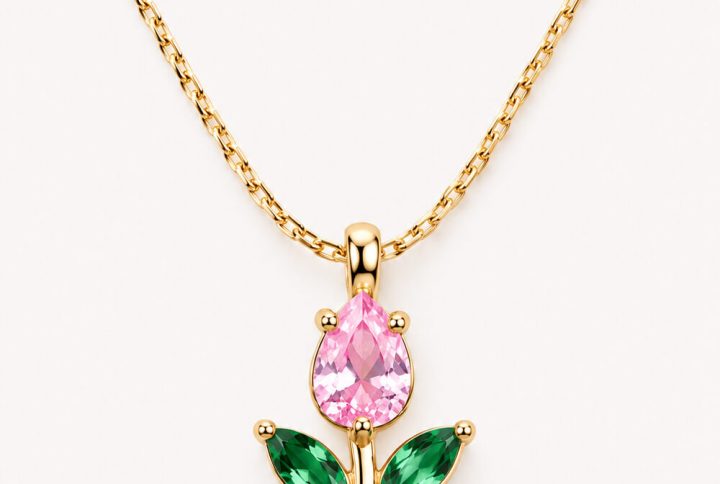 pink tulip necklace, pink stone necklace, necklace for women, necklace for girls, mini pink tulip chain, pink stone necklace