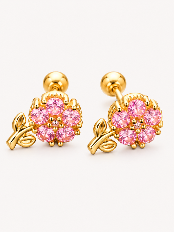 Anti Tarnish Pink Flower Stone Back Ball Stud Earrings for Women