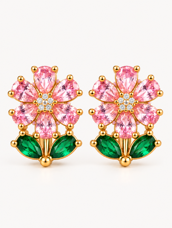 Pink and Green Floral Stone Back Ball Stud Earrings for Women