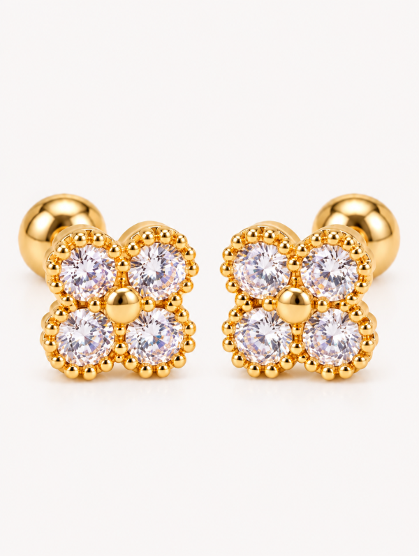 Anti Tarnish Mini White Stone Clover back Ball Stud Earrings for Women