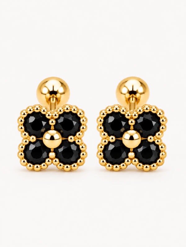 Anti Tarnish Black Stone Clover back ball Stud Earrings for Women